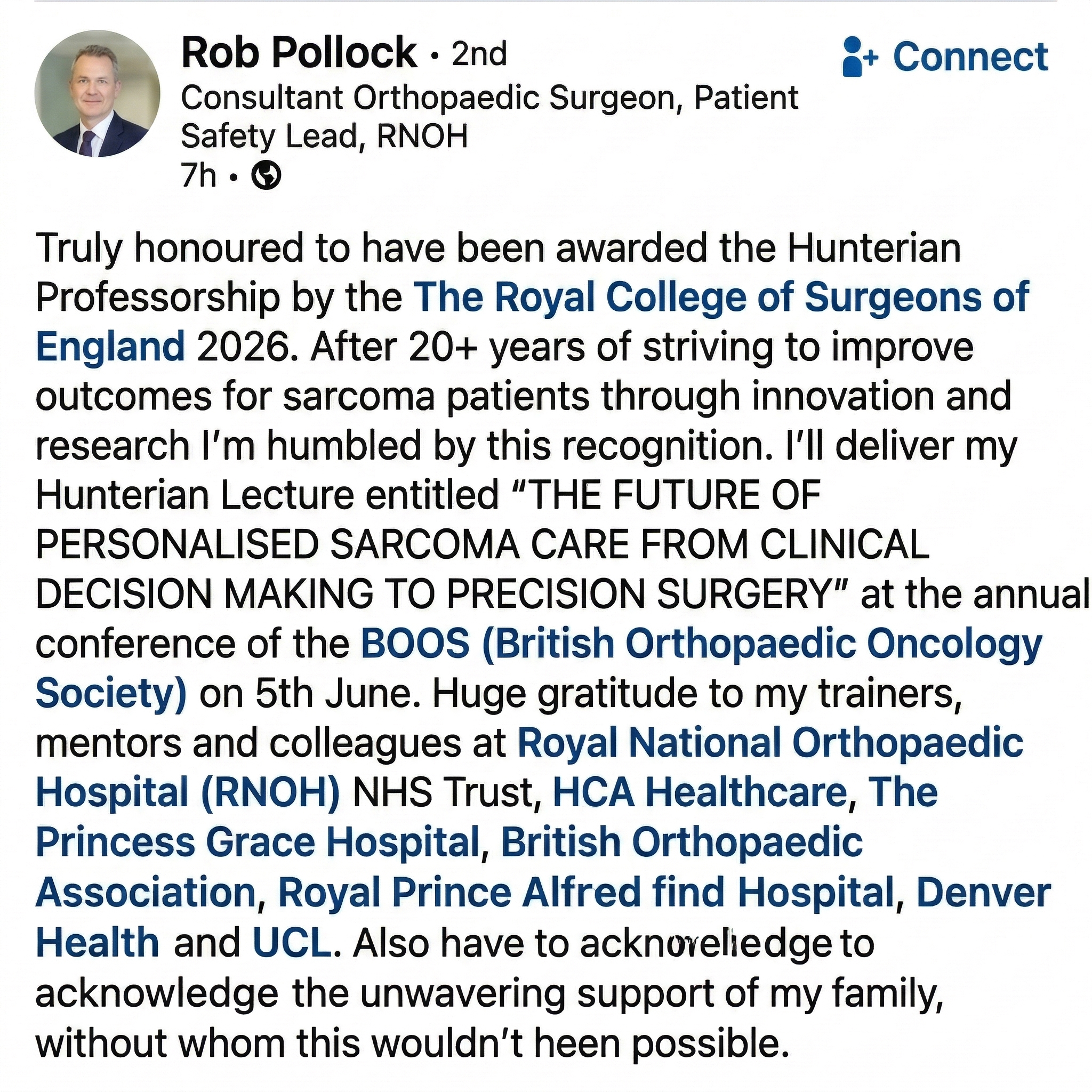 Hunterian Professorship awarded by The Royal College of Surgeons of England 2026